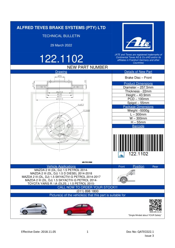 122.1102 NEW! Brake Disc for Mazda 2 & Toyota Yaris R, iA featured image